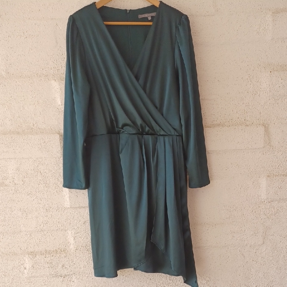 Julia Jordan Emerald Green Satin Long Sleeve Dress, Faux Wrap Asymetrical Hem